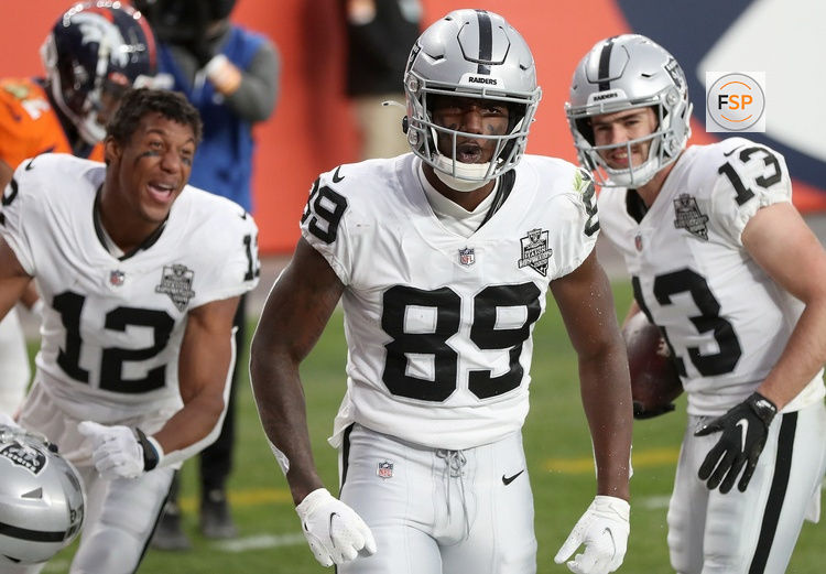 DENVER, COLORADO - JANUARY 03: Bryan Edwards #89 of the Las Vegas Raiders celebrates a touchdown catch against the Denver Broncos in the second quarter at Empower Field At Mile High on January 03, 2021 in Denver, Colorado. (Photo by Matthew Stockman/Getty Images)