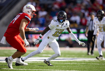 Oct 19, 2024; Tucson, Arizona, USA; Colorado Buffalos cornerback Travis Hunter (12) against the Arizona Wildcats at Arizona Stadium. Mandatory Credit: Mark J. Rebilas-Imagn Images