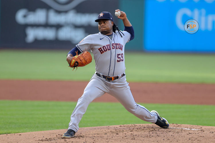 CLEVELAND, OH - AUGUST 05: Houston Astros starting pitcher Framber Valdez (59) delivers a pitch to the plate during the first inning of the Major League Baseball game between the Houston Astros and Cleveland Guardians on August 5, 2022, at Progressive Field in Cleveland, OH. (Photo by Frank Jansky/Icon Sportswire)