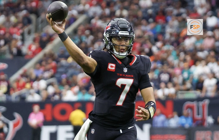 Dec 15, 2024; Houston, Texas, USA;  Houston Texans quarterback C.J. Stroud (7) throws a touchdown against the Miami Dolphins in the third quarter at NRG Stadium. Credit: Thomas Shea-Imagn Images