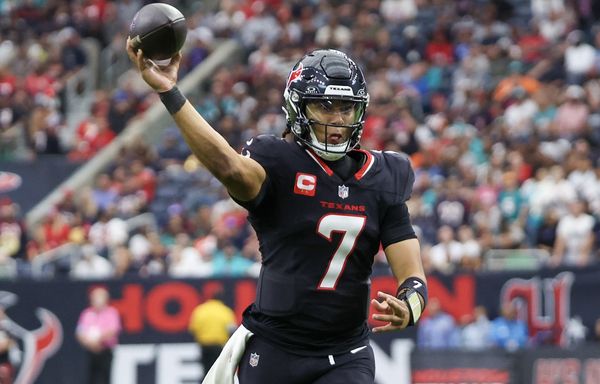 Dec 15, 2024; Houston, Texas, USA;  Houston Texans quarterback C.J. Stroud (7) throws a touchdown against the Miami Dolphins in the third quarter at NRG Stadium. Mandatory Credit: Thomas Shea-Imagn Images