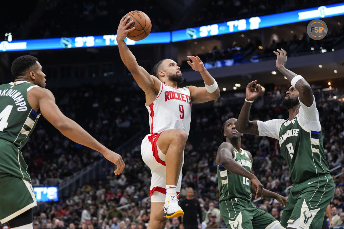 Nov 18, 2024; Milwaukee, Wisconsin, USA;  Houston Rockets forward Dillon Brooks (9) shoots during the second quarter against the Milwaukee Bucks at Fiserv Forum. Credit: Jeff Hanisch-Imagn Images