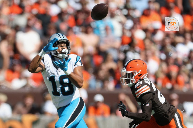 Sep 27, 2026; Cleveland, Ohio, USA;  Carolina Panthers wide receiver Jalen Coker (18) makes a catch defended by Cleveland Browns cornerback Mekhi Blackmon (29) during the second quarter at Huntington Bank Field.  Credit: Scott Galvin-Imagn Images