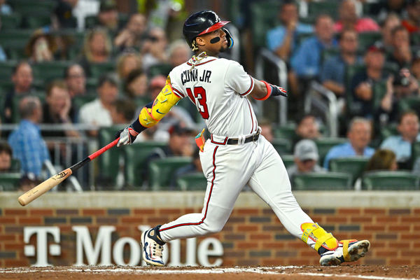 ATLANTA, GA – SEPTEMBER 18:  Atlanta right fielder Ronald Acuna Jr. (13) hits the ball deep during the MLB game between the Philadelphia Phillies and the Atlanta Braves on September 18th, 2023 at Truist Park in Atlanta, GA. (Photo by Rich von Biberstein/Icon Sportswire)