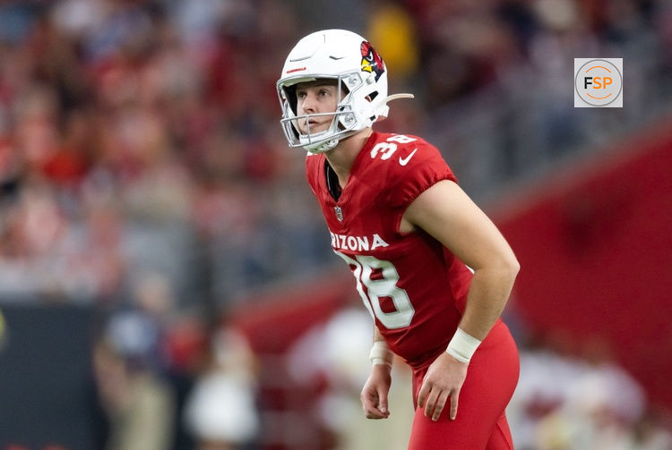 Aug 9, 2025; Glendale, Arizona, USA; Arizona Cardinals kicker Chad Ryland (38) against the Kansas City Chiefs during a preseason NFL game at State Farm Stadium. Credit: Mark J. Rebilas-Imagn Images