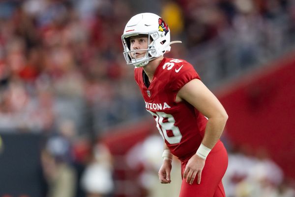 Aug 9, 2025; Glendale, Arizona, USA; Arizona Cardinals kicker Chad Ryland (38) against the Kansas City Chiefs during a preseason NFL game at State Farm Stadium. Mandatory Credit: Mark J. Rebilas-Imagn Images