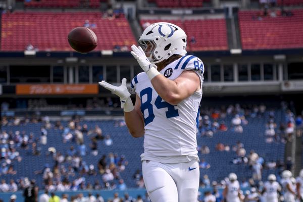 Sep 21, 2025; Nashville, Tennessee, USA; Indianapolis Colts tight end Tyler Warren (84) recieves a pass during the first quarter at Nissan Stadium. Mandatory Credit: Steve Roberts-Imagn Images