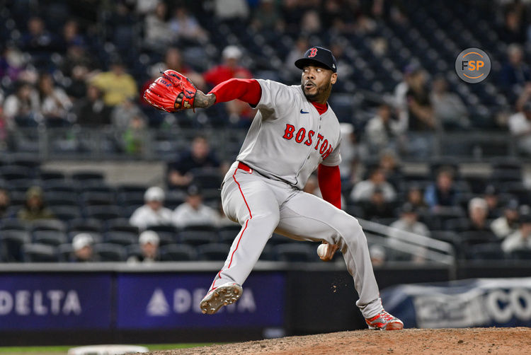 Jun 8, 2025; Bronx, New York, USA; Boston Red Sox pitcher Aroldis Chapman (44) pitches against the New York Yankees during the ninth inning at Yankee Stadium. Credit: John Jones-Imagn Images