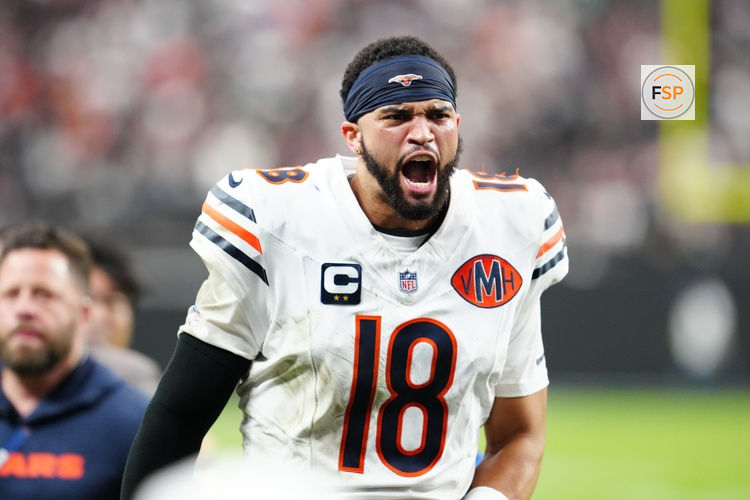 Sep 28, 2025; Paradise, Nevada, USA; Chicago Bears quarterback Caleb Williams (18) celebrates after the game against the Las Vegas Raiders at Allegiant Stadium. Credit: Stephen R. Sylvanie-Imagn Images