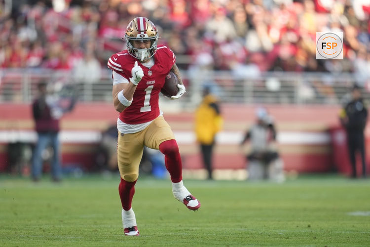 Dec 14, 2025; Santa Clara, California, USA;  San Francisco 49ers wide receiver Ricky Pearsall (1) runs with the ball during the third quarter against the Tennessee Titans at Levi's Stadium. Credit: Cary Edmondson-Imagn Images