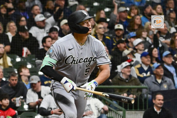 Mar 28, 2026; Milwaukee, Wisconsin, USA; Chicago White Sox first baseman Munetaka Murakami (5) watches after hitting a solo home run against the Milwaukee Brewers in the fourth inning at American Family Field. Credit: Benny Sieu-Imagn Images