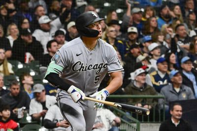 Mar 28, 2026; Milwaukee, Wisconsin, USA; Chicago White Sox first baseman Munetaka Murakami (5) watches after hitting a solo home run against the Milwaukee Brewers in the fourth inning at American Family Field. Mandatory Credit: Benny Sieu-Imagn Images