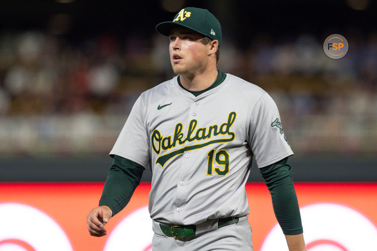 MINNEAPOLIS, MN - JUNE 14: Oakland Athletics pitcher Mason Miller (19) looks on during the MLB game between the Oakland Athletics and Minnesota Twins on June 14th, 2024, at Target Field in Minneapolis, MN. (Photo by Bailey Hillesheim/Icon Sportswire)
