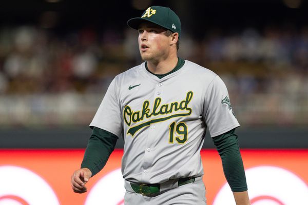 MINNEAPOLIS, MN - JUNE 14: Oakland Athletics pitcher Mason Miller (19) looks on during the MLB game between the Oakland Athletics and Minnesota Twins on June 14th, 2024, at Target Field in Minneapolis, MN. (Photo by Bailey Hillesheim/Icon Sportswire)