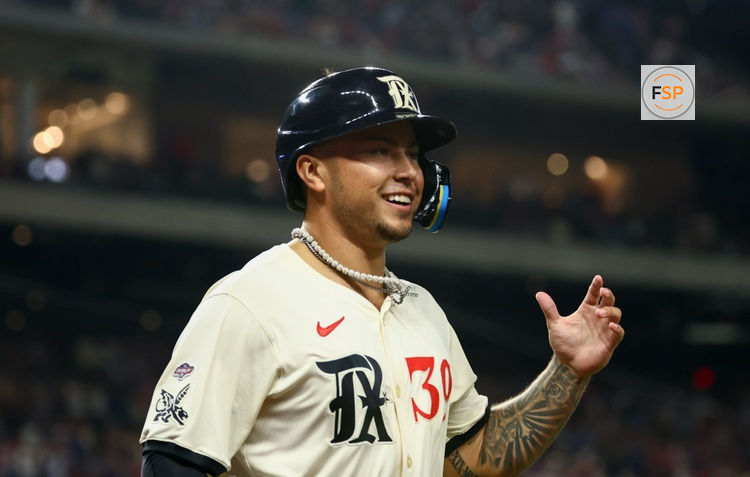 Jul 18, 2025; Arlington, Texas, USA;  Texas Rangers pinch runner Cody Freeman (39) reacts after scoring during the eighth inning against the Detroit Tigers at Globe Life Field. Credit: Kevin Jairaj-Imagn Images