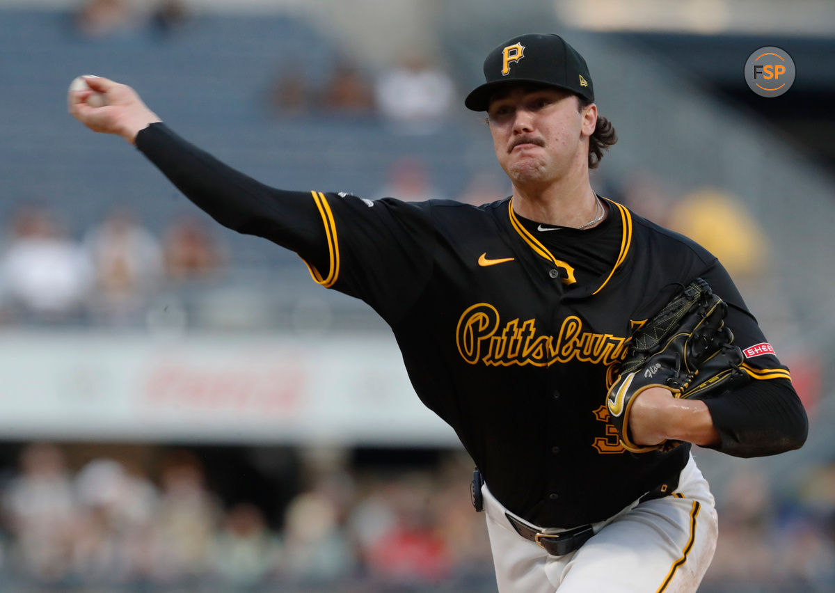 Aug 22, 2024; Pittsburgh, Pennsylvania, USA;  Pittsburgh Pirates starting pitcher Paul Skenes (30) pitches against the Cincinnati Reds during the fourth inning at PNC Park. Credit: Charles LeClaire-USA TODAY Sports