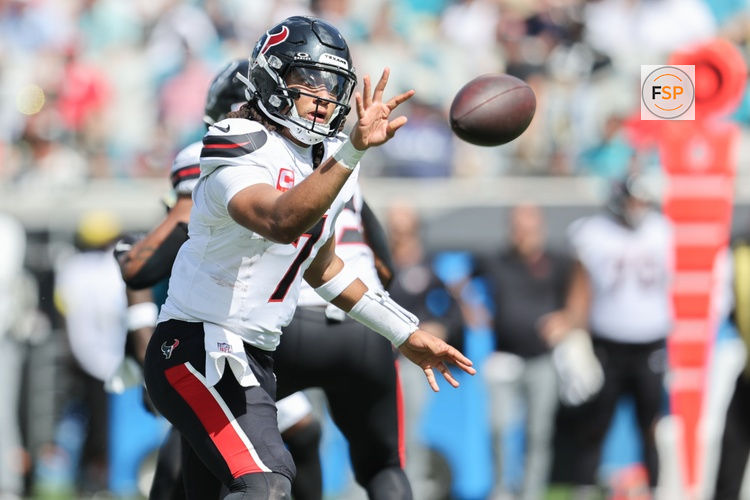 Sep 21, 2025; Jacksonville, Florida, USA; Houston Texans quarterback C.J. Stroud (7) passes the ball during the third quarter against the Jacksonville Jaguars at EverBank Stadium. Credit: Morgan Tencza-Imagn Images
