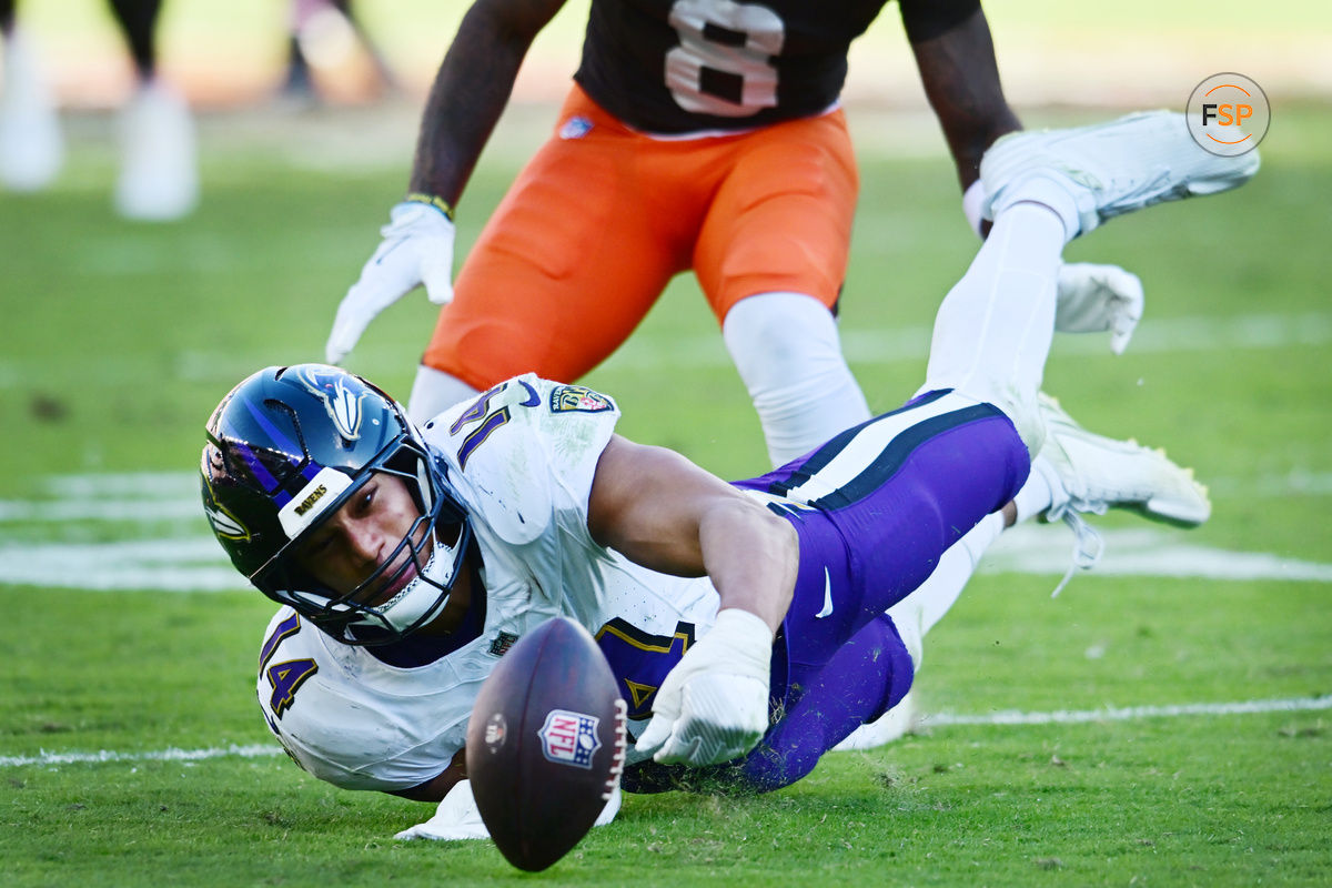 Oct 27, 2024; Cleveland, Ohio, USA; Baltimore Ravens safety Kyle Hamilton (14) drops an interception during the second half against the Cleveland Browns at Huntington Bank Field. Credit: Ken Blaze-Imagn Images