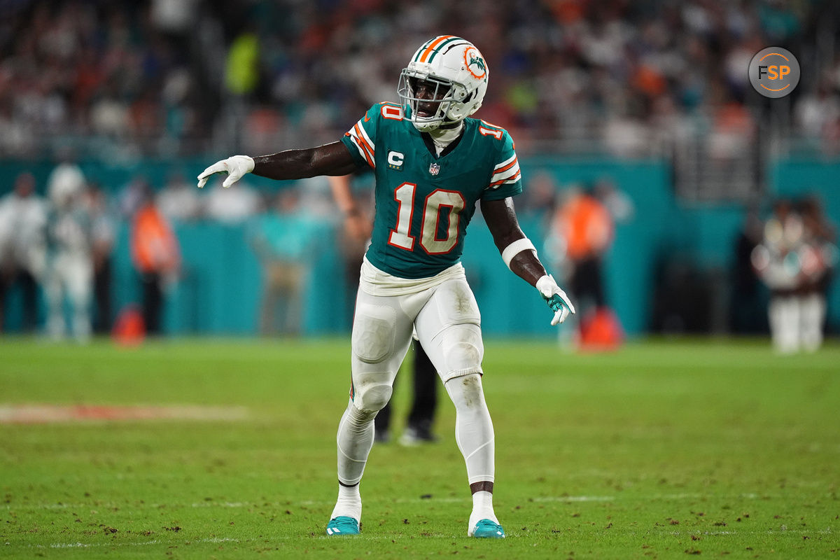 Sep 12, 2024; Miami Gardens, Florida, USA; Miami Dolphins wide receiver Tyreek Hill (10) lines up prior to a play during the second half against the Buffalo Bills at Hard Rock Stadium. Credit: Jasen Vinlove-Imagn Images