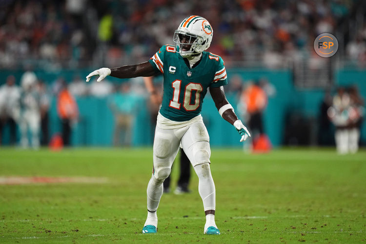 Sep 12, 2024; Miami Gardens, Florida, USA; Miami Dolphins wide receiver Tyreek Hill (10) lines up prior to a play during the second half against the Buffalo Bills at Hard Rock Stadium. Credit: Jasen Vinlove-Imagn Images