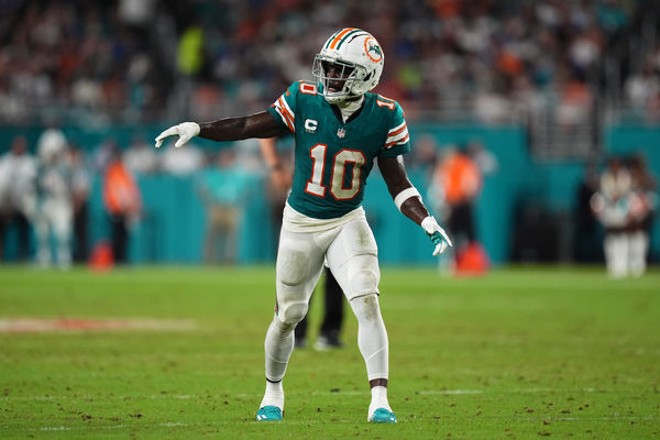 Sep 12, 2024; Miami Gardens, Florida, USA; Miami Dolphins wide receiver Tyreek Hill (10) lines up prior to a play during the second half against the Buffalo Bills at Hard Rock Stadium. Mandatory Credit: Jasen Vinlove-Imagn Images