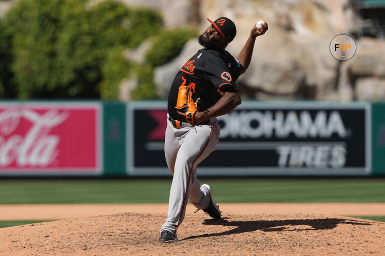 May 11, 2025; Anaheim, California, USA; Baltimore Orioles relief pitcher Felix Bautista (74) throws in the ninth inning against the Los Angeles Angels at Angel Stadium. Credit: Kirby Lee-Imagn Images