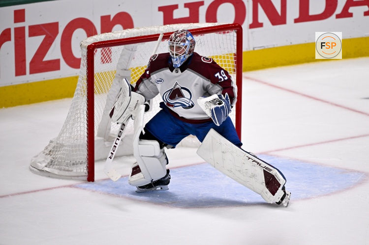 May 3, 2025; Dallas, Texas, USA; Colorado Avalanche goaltender Mackenzie Blackwood (39) in action during the game between the Dallas Stars and the Colorado Avalanche in game seven of the first round of the 2025 Stanley Cup Playoffs at American Airlines Center. Credit: Jerome Miron-Imagn Images