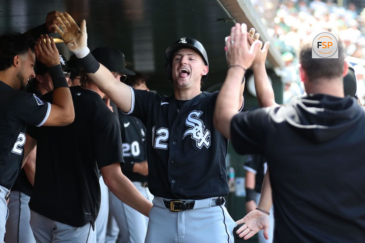 Apr 19, 2026; West Sacramento, California, USA; Chicago White Sox shortstop Colson Montgomery (12) celebrates with his teammates after hitting a solo home during the fifth inning against the Athletics at Sutter Health Park. Credit: Scott Marshall-Imagn Images