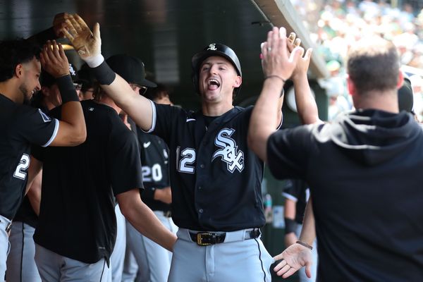 Apr 19, 2026; West Sacramento, California, USA; Chicago White Sox shortstop Colson Montgomery (12) celebrates with his teammates after hitting a solo home during the fifth inning against the Athletics at Sutter Health Park. Mandatory Credit: Scott Marshall-Imagn Images