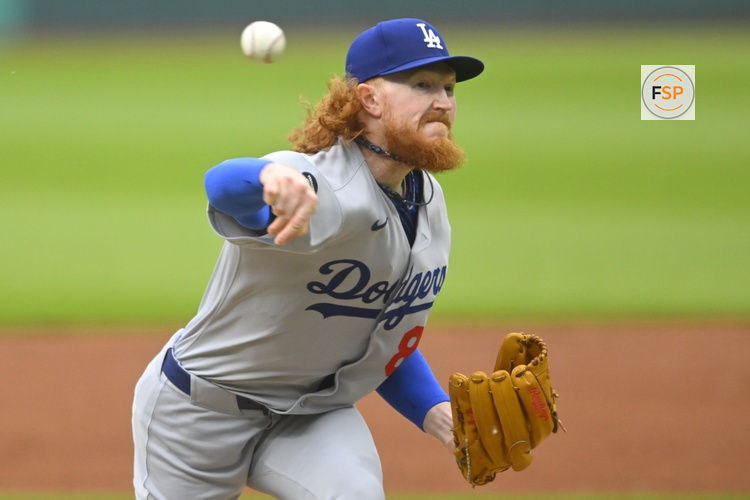 May 27, 2025; Cleveland, Ohio, USA; Los Angeles Dodgers starting pitcher Dustin May (85) delivers a pitch in the second inning against the Cleveland Guardians at Progressive Field. Credit: David Richard-Imagn Images