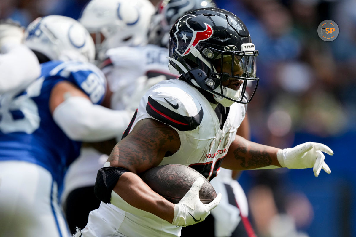 Sep 8, 2024; Indianapolis, Indiana, USA; Houston Texans running back Joe Mixon (28) rushes the ball Sunday, Sept. 8, 2024, during a game against the Indianapolis Colts at Lucas Oil Stadium. Credit: Grace Hollars/USA TODAY Network via Imagn Images