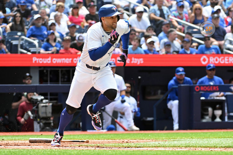 TORONTO, ON - JUNE 06: Toronto Blue Jays Right field George Springer (4) runs on the first baseline during the regular season MLB game between the Baltimore Orioles and Toronto Blue Jays on June 6, 2024 at Rogers Centre in Toronto, ON. (Photo by Gerry Angus/Icon Sportswire)