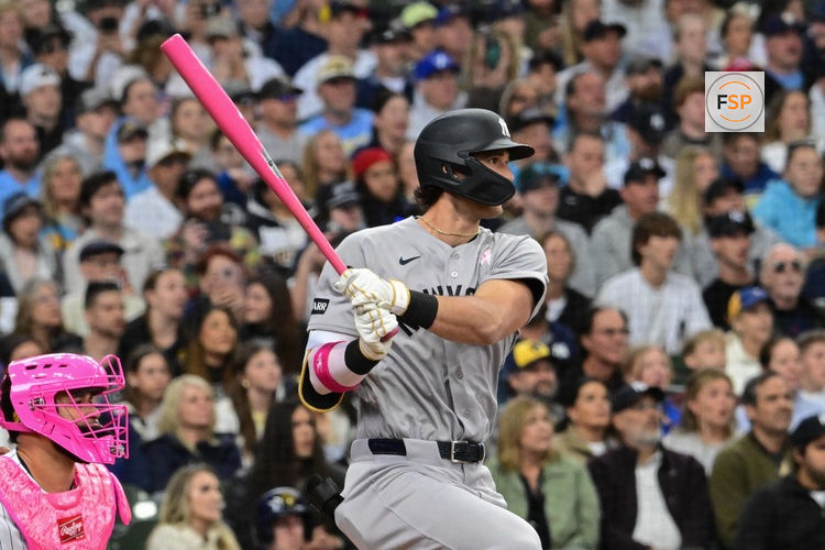 May 10, 2026; Milwaukee, Wisconsin, USA; New York Yankees right fielder Spencer Jones (78) hits a single for his first major league hit in the second inning against the Milwaukee Brewers at American Family Field. Credit: Benny Sieu-Imagn Images
