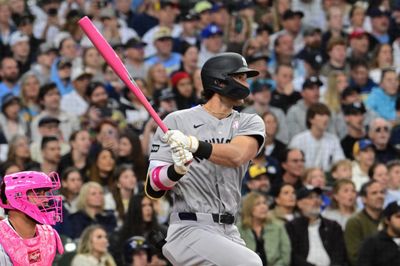 May 10, 2026; Milwaukee, Wisconsin, USA; New York Yankees right fielder Spencer Jones (78) hits a single for his first major league hit in the second inning against the Milwaukee Brewers at American Family Field. Mandatory Credit: Benny Sieu-Imagn Images