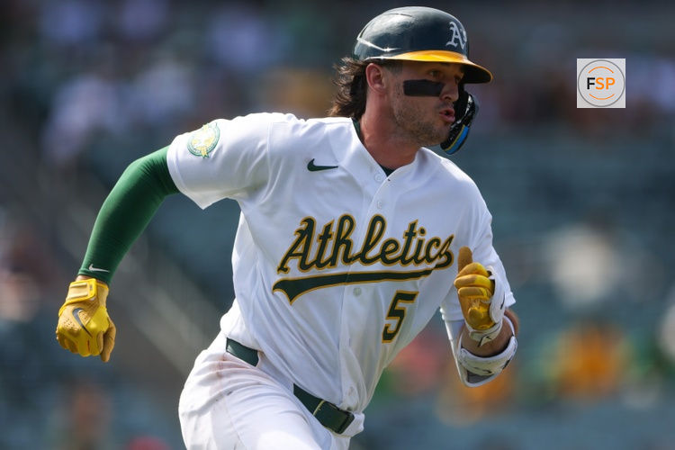 Jul 19, 2026; West Sacramento, California, USA; Athletics shortstop Jacob Wilson (5) runs after hitting a RBI single during the ninth inning against the Washington Nationals at Sutter Health Park. Credit: Scott Marshall-Imagn Images