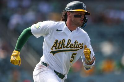 Jul 19, 2026; West Sacramento, California, USA; Athletics shortstop Jacob Wilson (5) runs after hitting a RBI single during the ninth inning against the Washington Nationals at Sutter Health Park. Mandatory Credit: Scott Marshall-Imagn Images