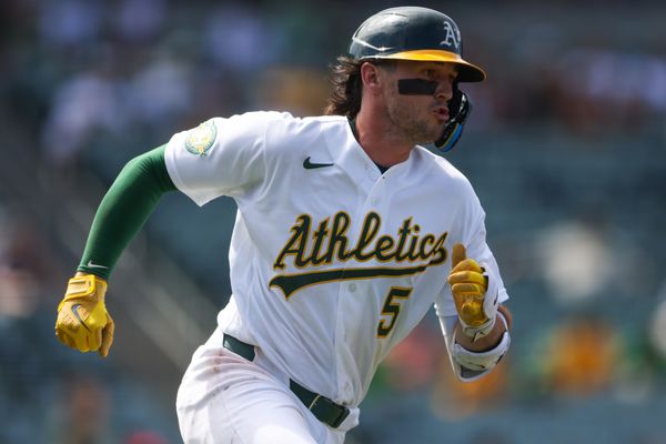 Jul 19, 2026; West Sacramento, California, USA; Athletics shortstop Jacob Wilson (5) runs after hitting a RBI single during the ninth inning against the Washington Nationals at Sutter Health Park. Mandatory Credit: Scott Marshall-Imagn Images