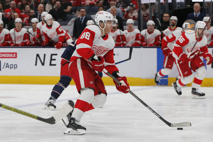 Jan 2, 2025; Columbus, Ohio, USA; Detroit Red Wings right wing Patrick Kane (88) skates against the Columbus Blue Jackets during the second period at Nationwide Arena. Credit: Russell LaBounty-Imagn Images