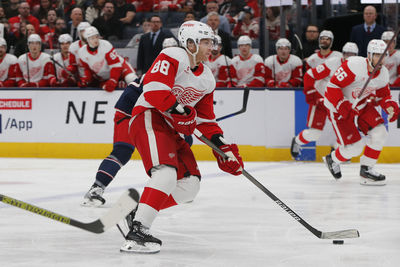 Jan 2, 2025; Columbus, Ohio, USA; Detroit Red Wings right wing Patrick Kane (88) skates against the Columbus Blue Jackets during the second period at Nationwide Arena. Mandatory Credit: Russell LaBounty-Imagn Images