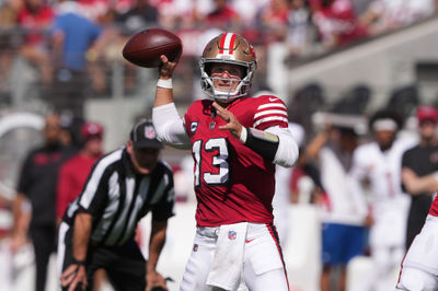 Oct 6, 2024; Santa Clara, California, USA; San Francisco 49ers quarterback Brock Purdy (13) throws a pass against the Arizona Cardinals during the first quarter at Levi's Stadium. Mandatory Credit: Darren Yamashita-Imagn Images