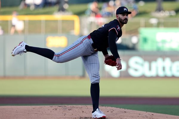 Jun 3, 2025; West Sacramento, California, USA; Minnesota Twins starting pitcher Pablo Lopez (49) throws a pitch against the Athletics during the first inning at Sutter Health Park. Mandatory Credit: Dennis Lee-Imagn Images