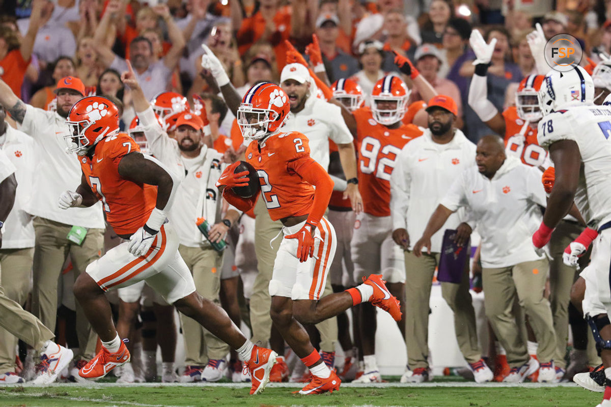 CLEMSON, SC - SEPTEMBER 16: Clemson Tigers corner back Nate Wiggins (2) runs to the end zone after making an interception, a pick six during a college football game between the Florida Atlantic Owls and he Clemson Tigers on September 16, 2023 at Clemson Memorial Stadium in Clemsson, S.C. (Photo by John Byrum/Icon Sportswire)