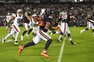 Oct 22, 2026; Chicago, Illinois, USA; Chicago Bears wide receiver Luther Burden III (10) runs for a touchdown against the New England Patriots at Soldier Field. Mandatory Credit: Patrick Gorski-Imagn Images
