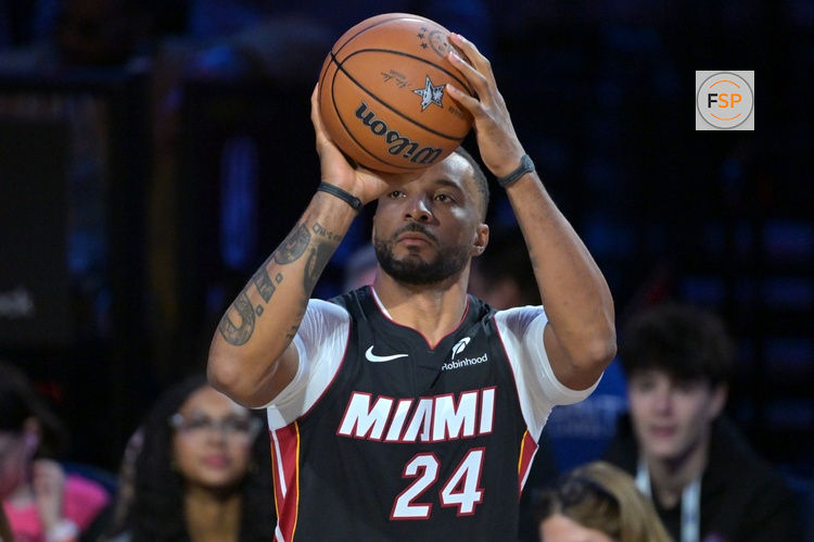 Feb 14, 2026; Los Angeles, CA, USA; Miami Heat guard Normal Powell (24) competes in the three point contest during the 2026 NBA All Star Saturday Night at Intuit Dome. Credit: Jayne Kamin-Oncea-Imagn Images