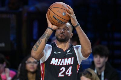 Feb 14, 2026; Los Angeles, CA, USA; Miami Heat guard Normal Powell (24) competes in the three point contest during the 2026 NBA All Star Saturday Night at Intuit Dome. Mandatory Credit: Jayne Kamin-Oncea-Imagn Images