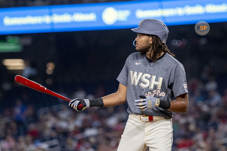 WASHINGTON, DC - JULY 05: Washington Nationals outfielder James Wood (29) stands in the batters box during the St. Louis Cardinals versus Washington Nationals MLB game at Nationals Park on July 5, 2024, in Washington, DC. (Photo by Charles Brock/Icon Sportswire)