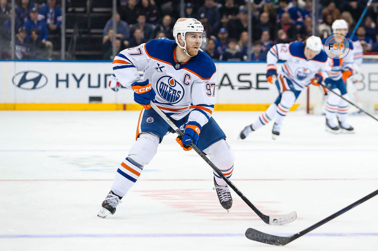 Mar 16, 2025; New York, New York, USA; Edmonton Oilers center Connor McDavid (97) skates against the New York Rangers during the third period at Madison Square Garden. Credit: Danny Wild-Imagn Images