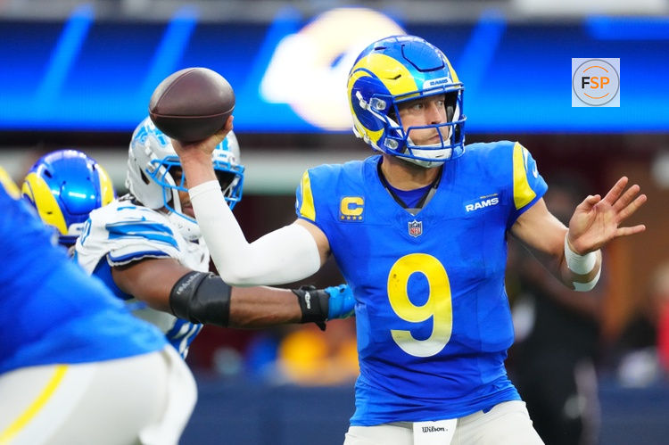 Dec 14, 2025; Inglewood, California, USA; Los Angeles Rams quarterback Matthew Stafford (9) throws a pass during the third quarter against the Detroit Lions at SoFi Stadium. Credit: Kirby Lee-Imagn Images