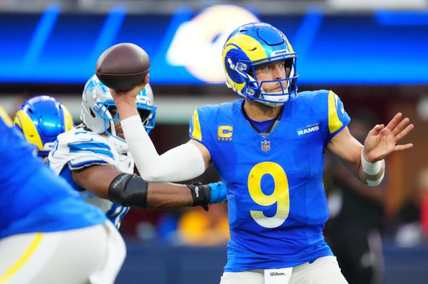 Dec 14, 2025; Inglewood, California, USA; Los Angeles Rams quarterback Matthew Stafford (9) throws a pass during the third quarter against the Detroit Lions at SoFi Stadium. Mandatory Credit: Kirby Lee-Imagn Images