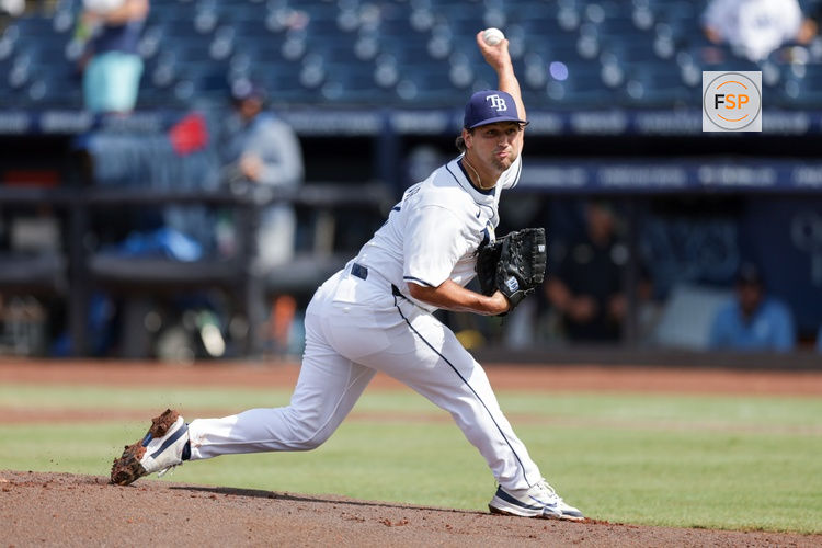 Jul 20, 2025; Tampa, Florida, USA; Tampa Bay Rays pitcher Ian Seymour (61) throws a pitch against the Baltimore Orioles in the seventh inning at George M. Steinbrenner Field. Credit: Nathan Ray Seebeck-Imagn Images